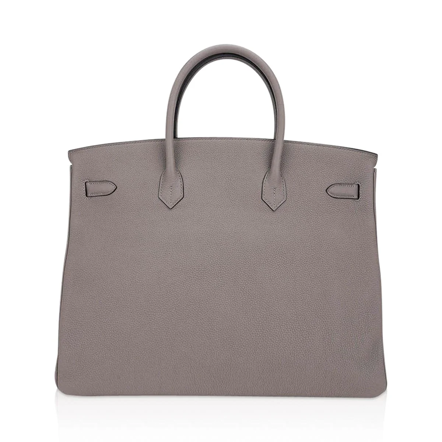 Muted Ash Gray Pebble Grain Large Trapezoid Hand Tote With Warm Polished Golden Twist Lock Hardware And Matching Suspended Engraved Metal Padlock Charm
