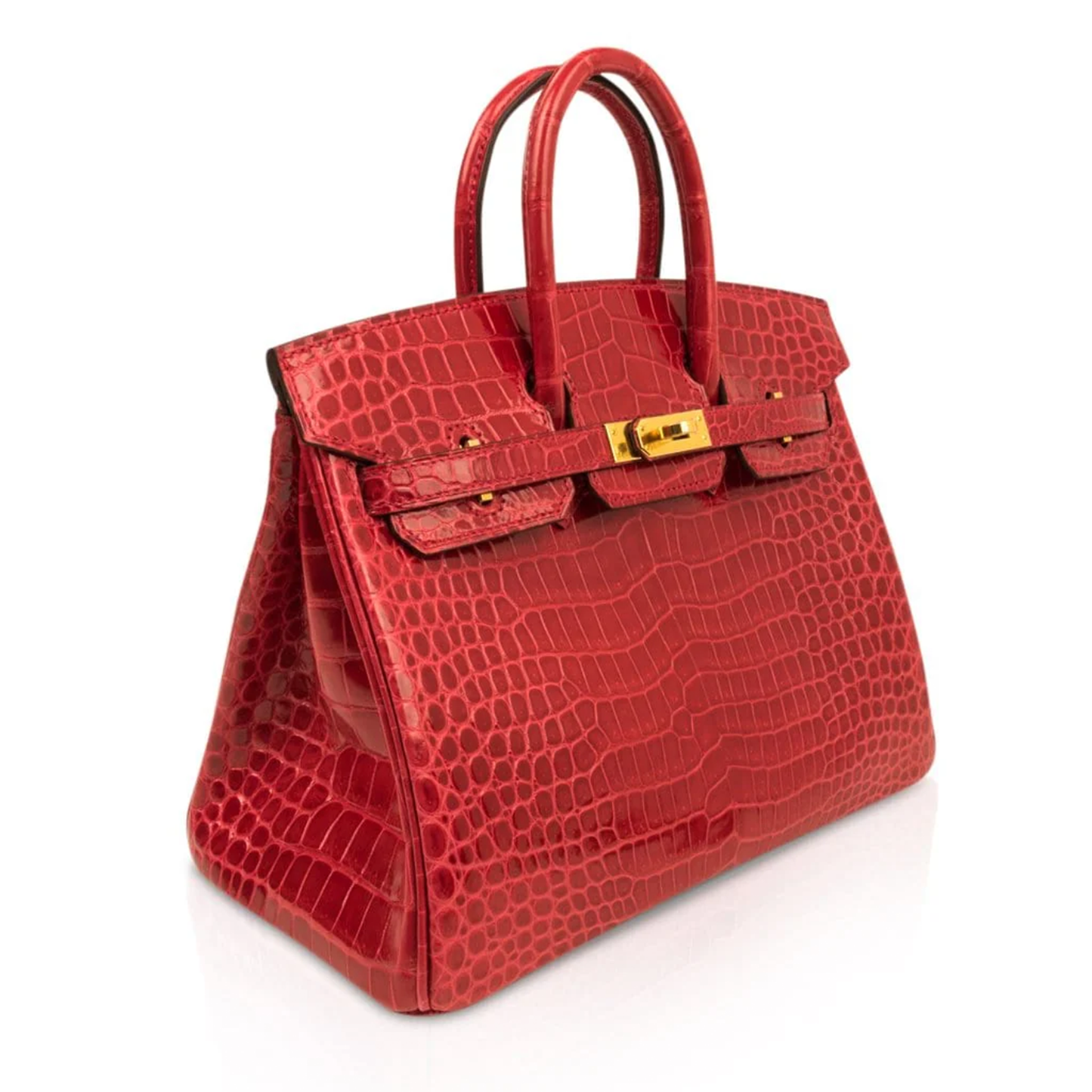 Vivid Glossy Fire Red Fine Scaled Compact Trapezoid Hand Tote With Luminous Golden Twist Lock Hardware And Matching Textured Suspended Metal Padlock Charm