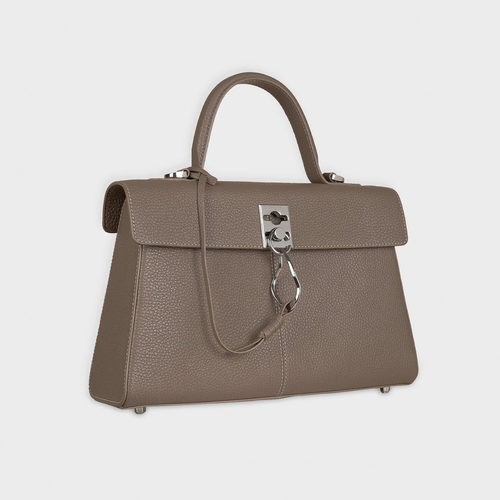 Muted Earthy Taupe Grain Textured Sleek Trapezoid Flap Tote With Distinctive Curved Ring Metal Clasp And Base Protective Studs