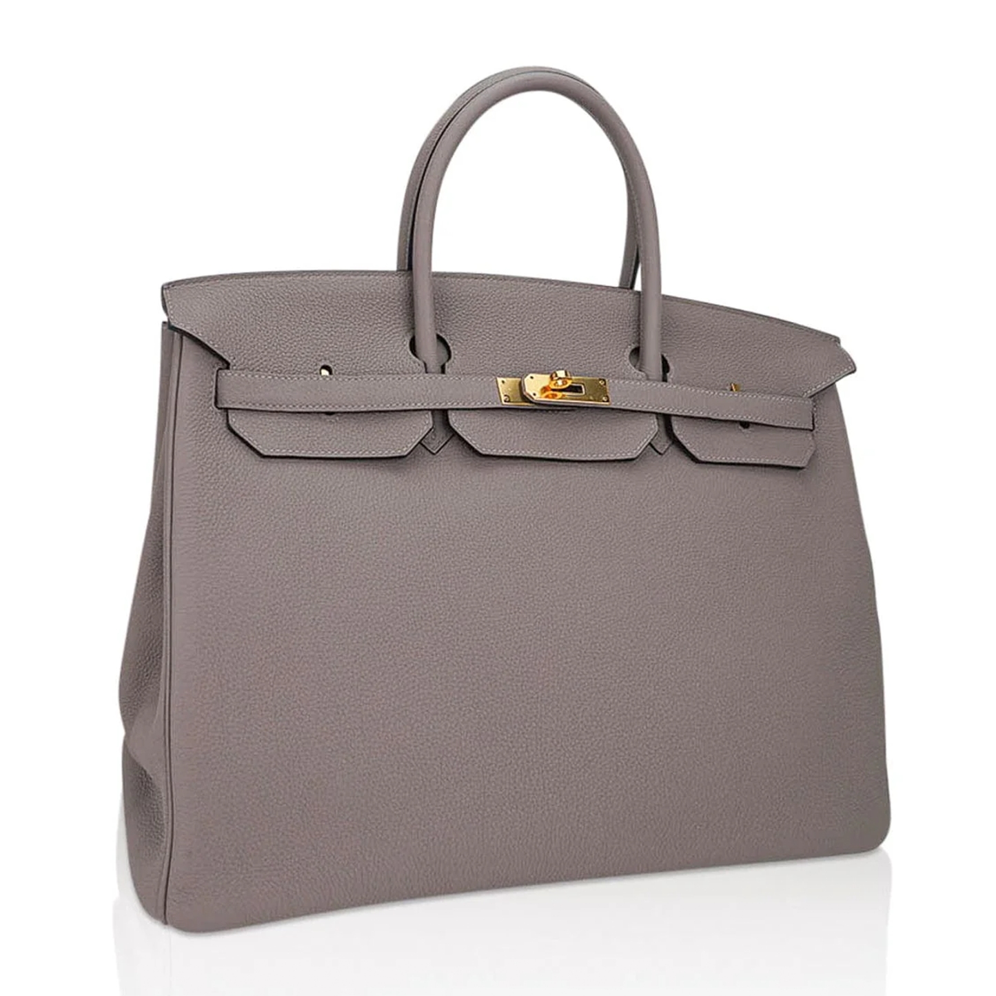 Muted Ash Gray Pebble Grain Large Trapezoid Hand Tote With Warm Polished Golden Twist Lock Hardware And Matching Suspended Engraved Metal Padlock Charm