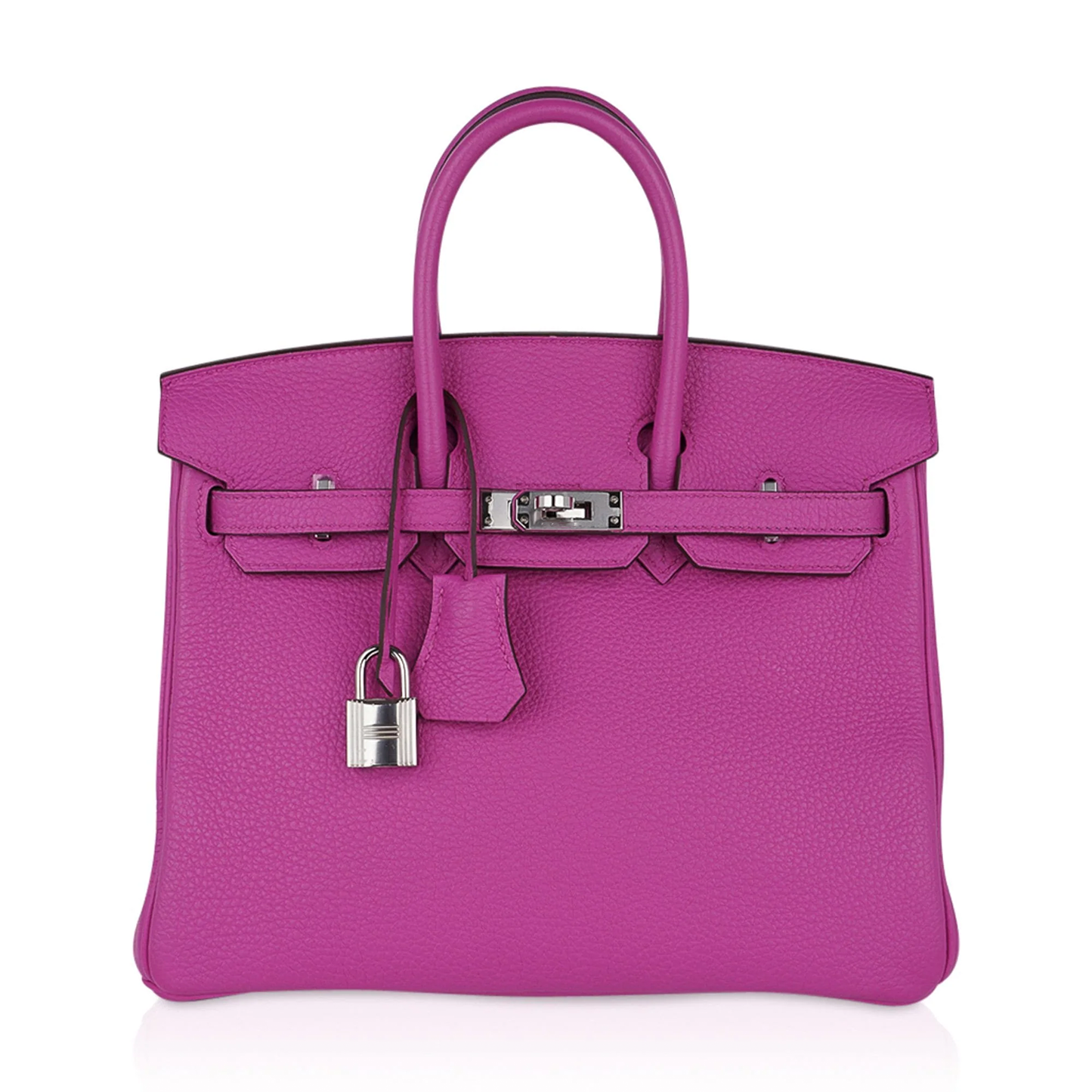 Vivid Saturated Magenta Pebble Grain Compact Trapezoid Hand Tote With Cool Polished Silvery Twist Lock Hardware And Matching Suspended Engraved Metal Padlock Charm
