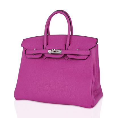 Vivid Saturated Magenta Pebble Grain Compact Trapezoid Hand Tote With Cool Polished Silvery Twist Lock Hardware And Matching Suspended Engraved Metal Padlock Charm