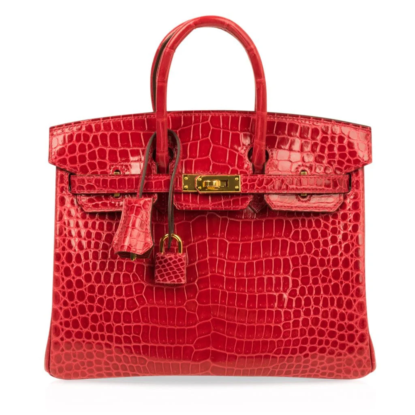 Vivid Glossy Fire Red Fine Scaled Compact Trapezoid Hand Tote With Luminous Golden Twist Lock Hardware And Matching Textured Suspended Metal Padlock Charm