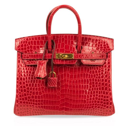 Vivid Glossy Fire Red Fine Scaled Compact Trapezoid Hand Tote With Luminous Golden Twist Lock Hardware And Matching Textured Suspended Metal Padlock Charm