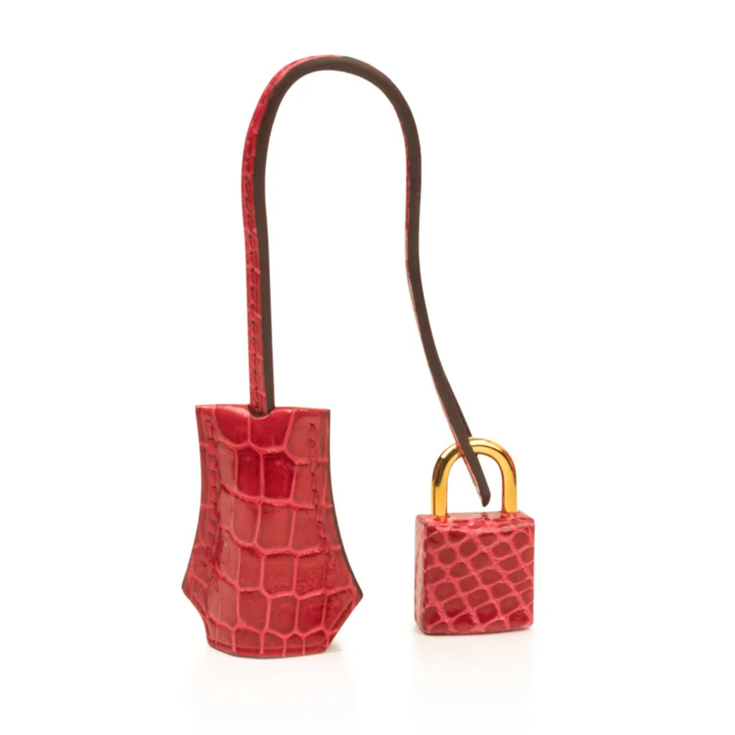 Vivid Glossy Fire Red Fine Scaled Compact Trapezoid Hand Tote With Luminous Golden Twist Lock Hardware And Matching Textured Suspended Metal Padlock Charm