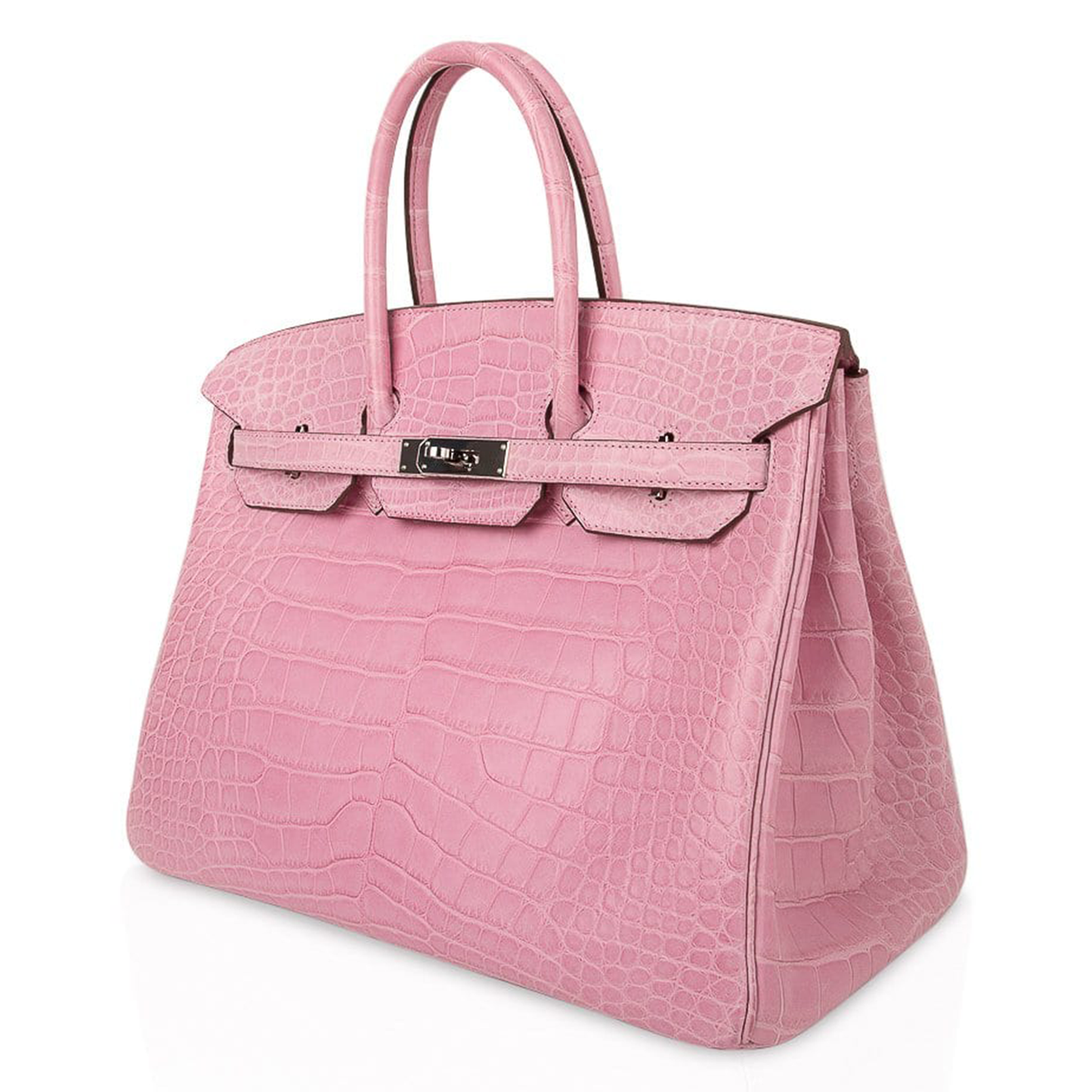 Gentle Bubblegum Pink Matte Scaled Medium Trapezoid Hand Tote With Cool Polished Silvery Twist Lock Hardware And Matching Textured Suspended Metal Padlock Charm