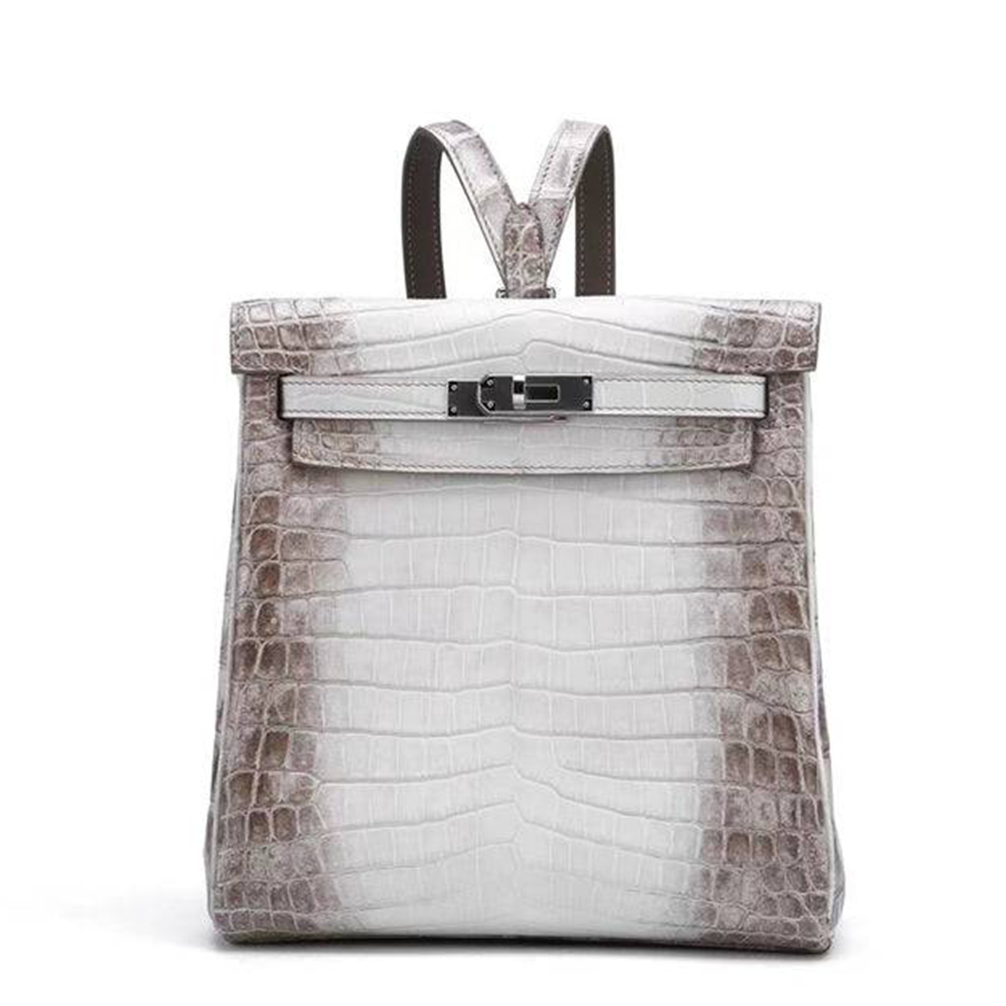 Gradient Pale White Ash Taupe Scaled Compact Vertical Backpack With Cool Silvery Plated Twist Clasp And Fully Matching Textured Back Straps