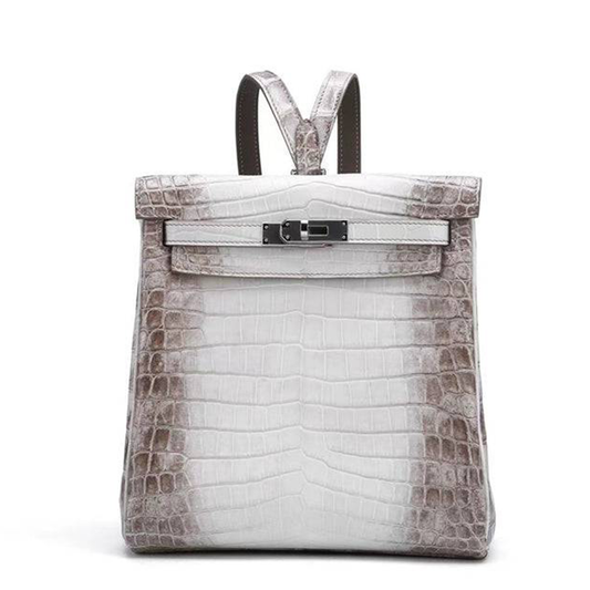 Gradient Pale White Ash Taupe Scaled Compact Vertical Backpack With Cool Silvery Plated Twist Clasp And Fully Matching Textured Back Straps