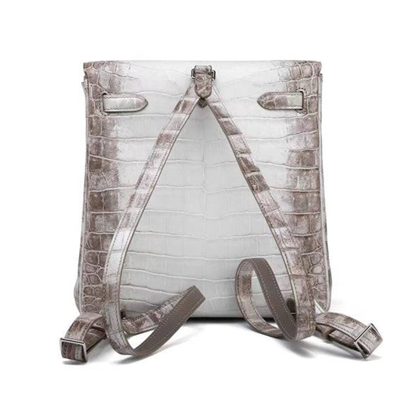 Gradient Pale White Ash Taupe Scaled Compact Vertical Backpack With Cool Silvery Plated Twist Clasp And Fully Matching Textured Back Straps