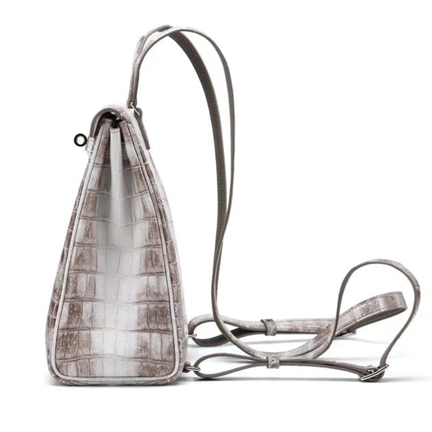 Gradient Pale White Ash Taupe Scaled Compact Vertical Backpack With Cool Silvery Plated Twist Clasp And Fully Matching Textured Back Straps